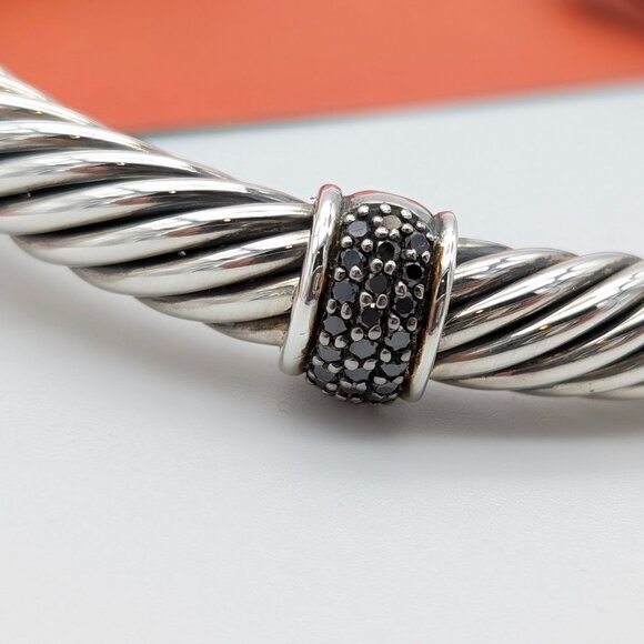DAVID YURMAN Sterling Silver 7mm Classic Cable Station Black Diamond Bracelet - Picture 3 of 10
